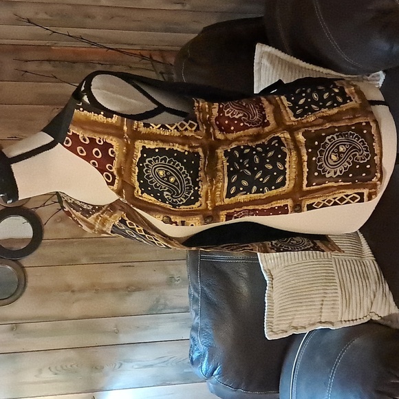 Vintage Boho 100% Silk Faux Patchwork Vest Button Down Front Back Tie Size 6 - Picture 3 of 8